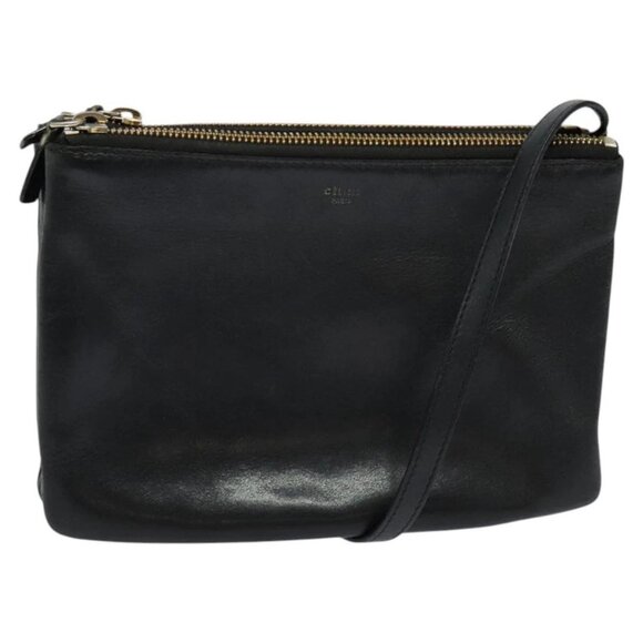 CELINE Trio Shoulder Bag Leather Black Gold Auth - Picture 1 of 16